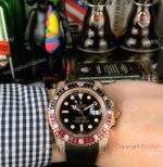 Rolex Submariner Rose Gold Rubber Strap Watch Rainbow Bezel